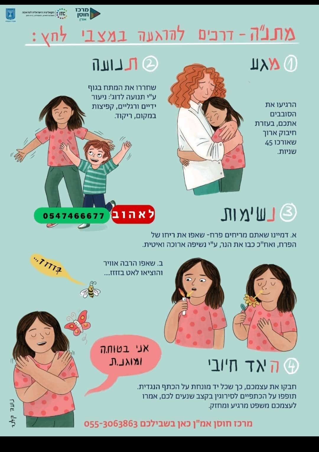 מתנה ראשי תיבות. דרכים להרגעה במצבי לחץ. 1. מגע. הרגישו את הסובבים אתכם בעזרת חיבוק ארוך שאורכו 45 שניות. 2. תנועה. שחררו את המתח בגוף על ידי תנועה לדוגמה. ניעור ידיים ורגליים. קפיצות במקום. ריקוד. 3. נשימות א. דמיינו שאתם מריחים פרח שאפו את ריחו של הפרח ואחר כך כבו את הנר על ידי נשיפה ארוכה ואיטית. ב. שאפו הרבה אוויר והוציאו לאט בזזזז. 4. האזן חיובי. הביטו את עצמכם על ידי שכל יד מונחת על הכתף הנגדית תופפו על הכתפיים לסירוגין בקצב שנעים לכם אמרו לעצמכם משפט מרגיע ומחזק אני בטוחה ומוגנת לאהוב 0547466677. מרכז חוסן אמן כאן בשבילכם 0553063863