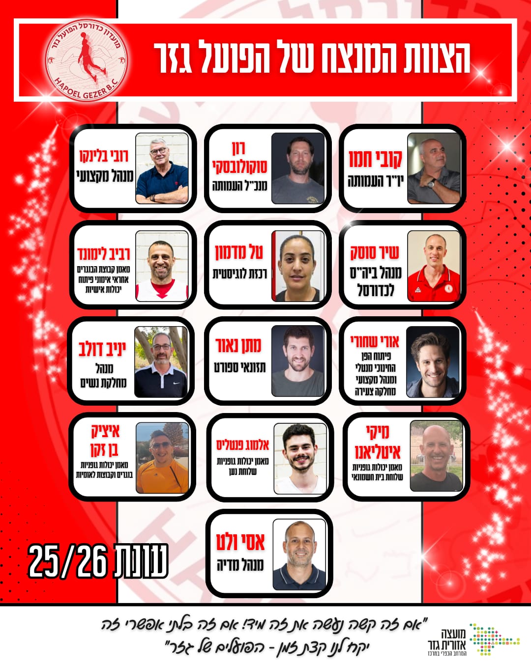 הצוות המנצח של הפועל גזר. קובי חמו יושב ראש העמותה. רון סוקולובסקי מנכל העמותה. רובי בלינקו מנהל מקצועי. שיר סוסק מנהל בית ספר לכדורסל. טל מדמון רכזת לוגיסטית. רביב לימונד מאמן קבוצות הבוגרים אחראים אימוני פיתוח יכולות אישיות. אורי שחורי פיתוח הפן החינוכי מנטלי ומנהל מקצועי מחלקה צעירה. מתן נאור תזונאי ספורט. יניב דולב מנהל מחלקת נשים. מיקי איטליאנו מאמן יכולות גופניות שלוחת בית חשמונאי. אלמוג פנטליס מאמן יכולות גופניות שלוחת נען. איציק בן זקן מאמן יכולות גופניות בוגרים וקבוצות לאומיות. אסי ולט מנהל מדיה. עונת 2025 2026. אם זה קשה נעשה את זה מיד. אם זה בלתי אפשרי זה יקח לנו קצת זמן הפועלים של גזר.