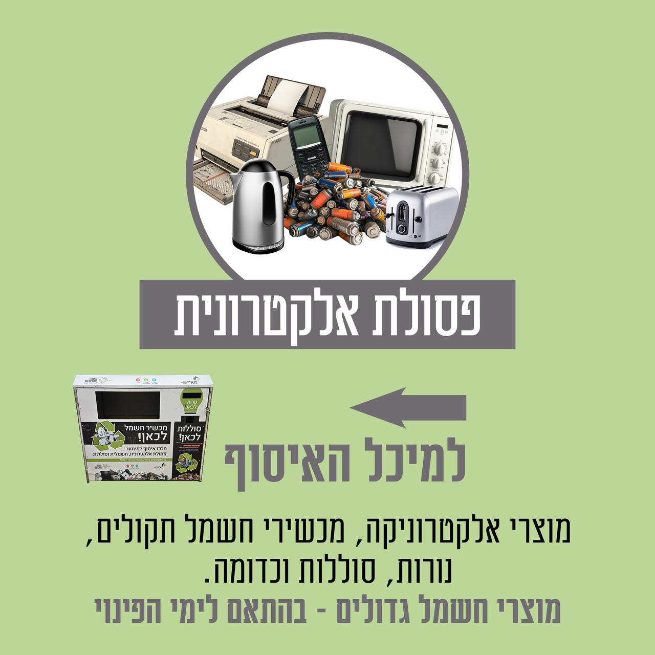 פסולת אלקטרונית למיכל האיסוף. יש להשליך מוצרי אלקטרוניקה מכשירי חשמל תקולים נורות סוללות וכדומה. מוצרי חשמל גדולים בהתאם לימי הפינוי.