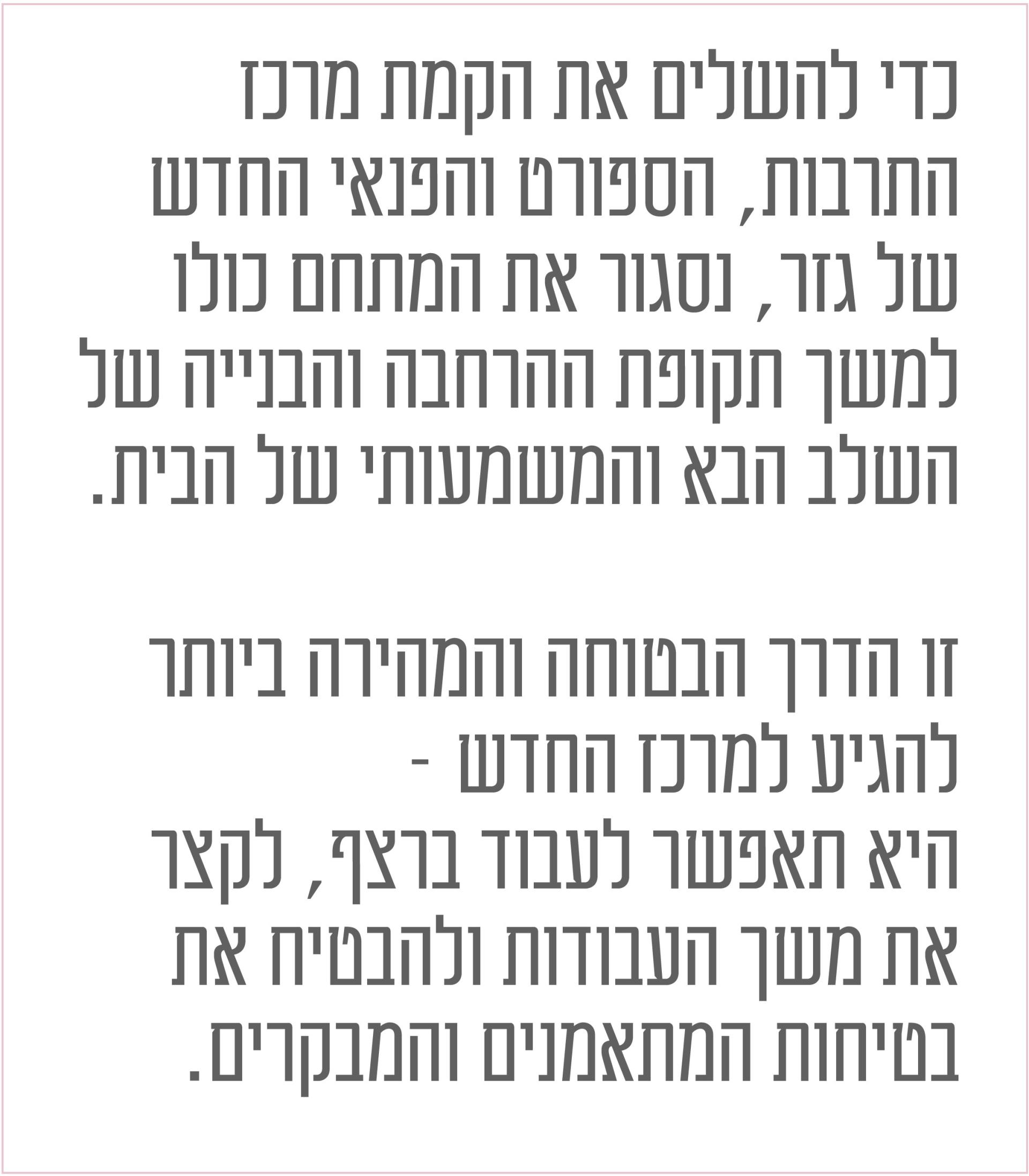 כדי להשלים את הקמת מרכז התרבות הספורט והפנאי החדש של גזר נסגור את המתחם כולו למשך תקופת ההרחבה והבנייה של השלב הבא והמשמעותי של הבית. זו הדרך הבטוחה והמהירה ביותר להגיע למרכז החדש היא תתאפשר לעבוד ברצף לקצר את משך העובדות ולהבטיח את הבטיחות המתאמנים והמבקרים. אביב 2028 יהיה שווה לחכות.