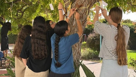 ילדות קושרות סרטים צהובים על עץ.jpg