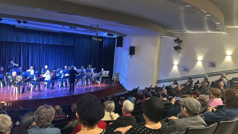 תלמידי הכיתות יושבים באירוע וצופים בהופעה תזמורת של המשטרה.jpeg